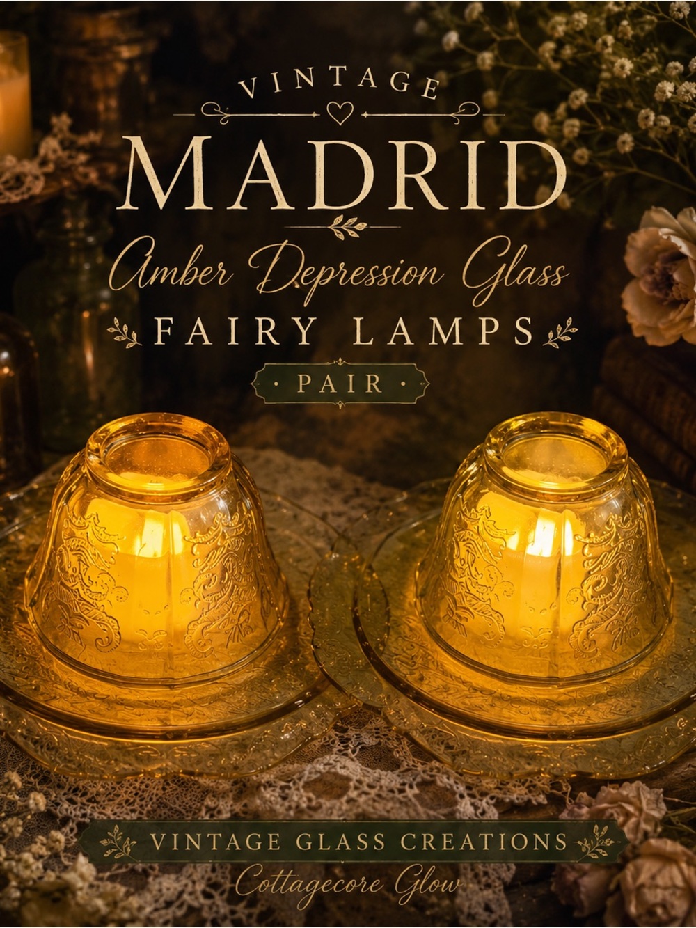 Pair of Vintage MadridAmberDepression Glass FairyLamps RomanticCottagecore Decor